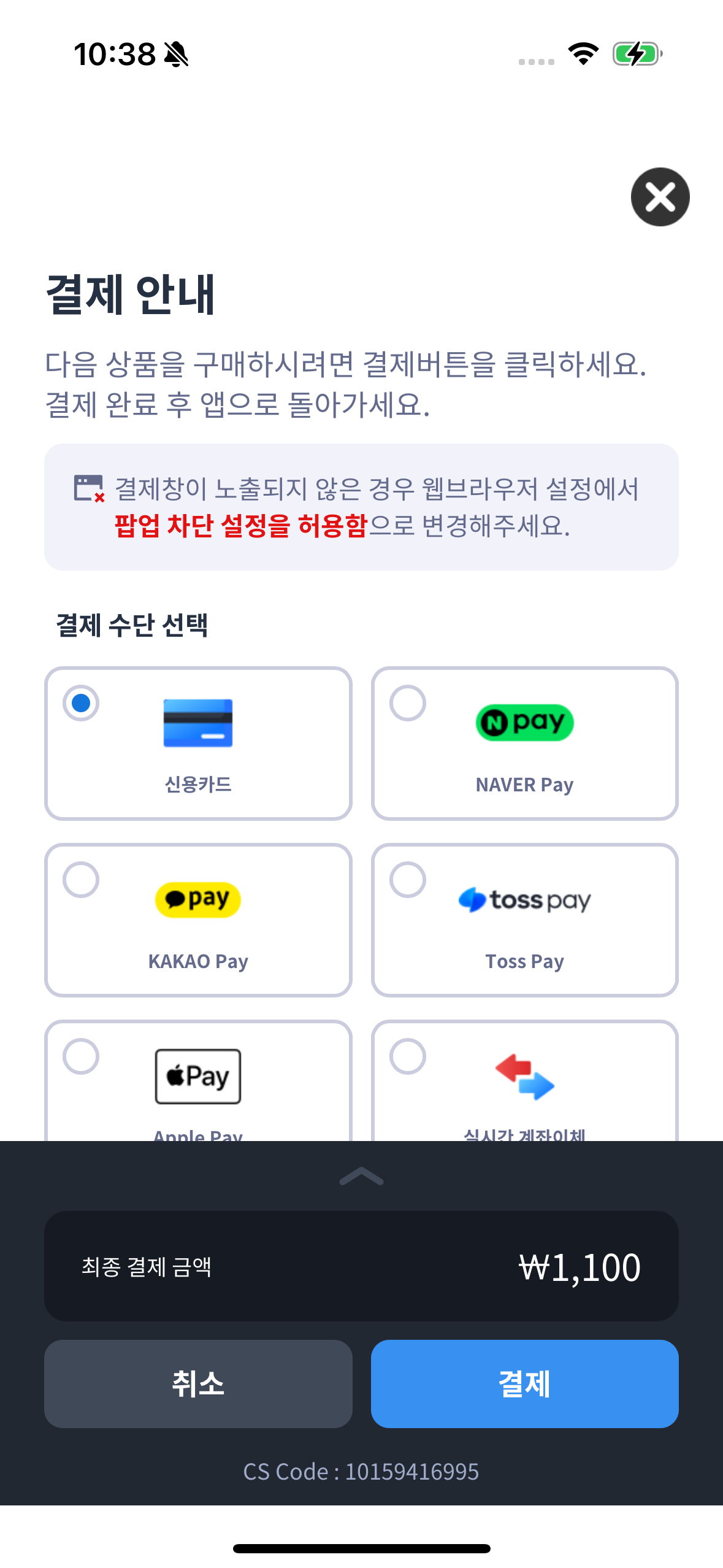 모바일 PG 결제 화면