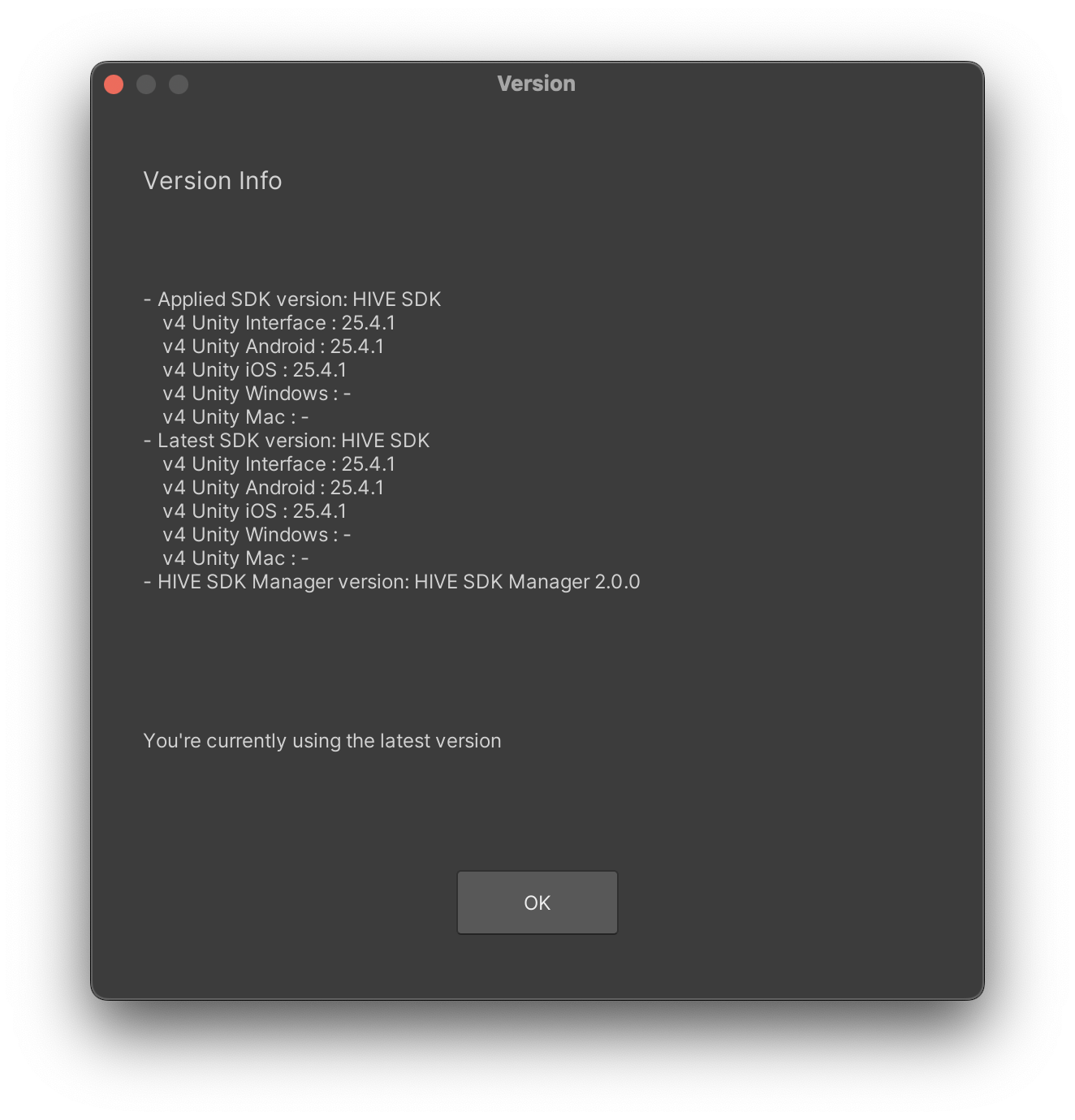 ข้อมูลเวอร์ชัน Unity SDK Manager